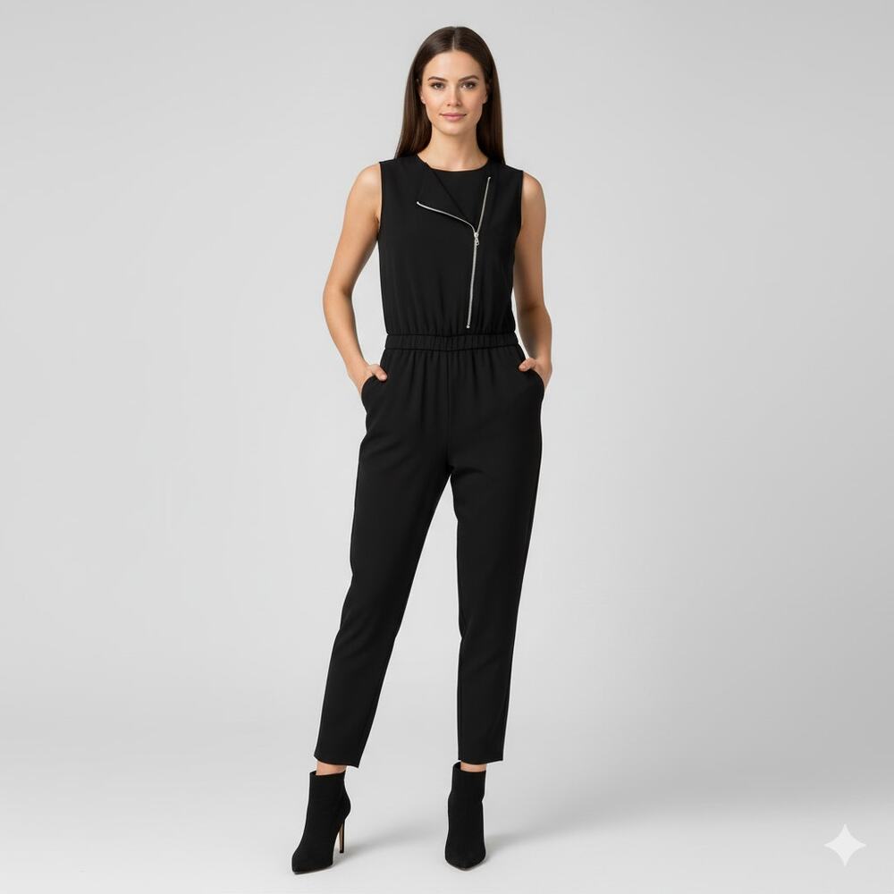J.Crew Black Sleeveless Jumpsuit Angled Asymmetrical Front Zipper Jogger Size 2P